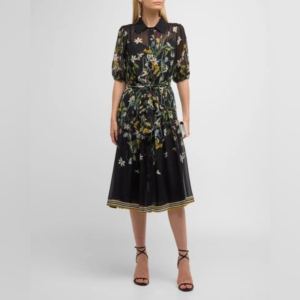 Rickie Freeman for Teri Jon Floral-Print Blouson-Sleeve Chiffon Midi Dress